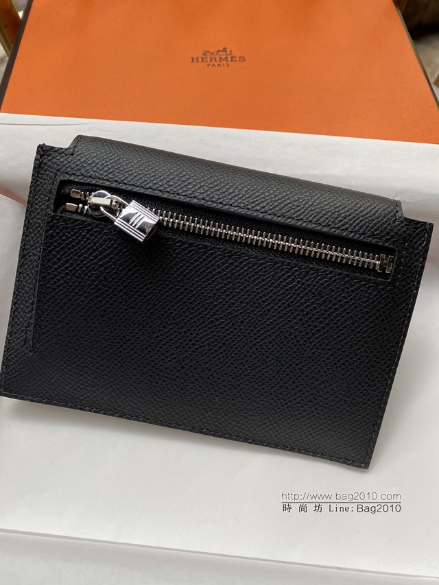 Hermes卡包 愛馬仕原版Kelly Pocket Epsom皮 Hermes新款小錢包 黑銀  tdh2169